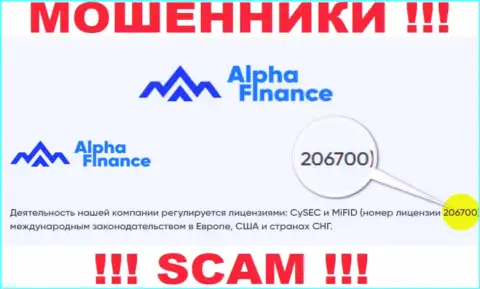 Лицензионный номер Alpha Finance Investment Services S.A., у них на сайте, не поможет уберечь Ваши вложенные денежные средства от кражи