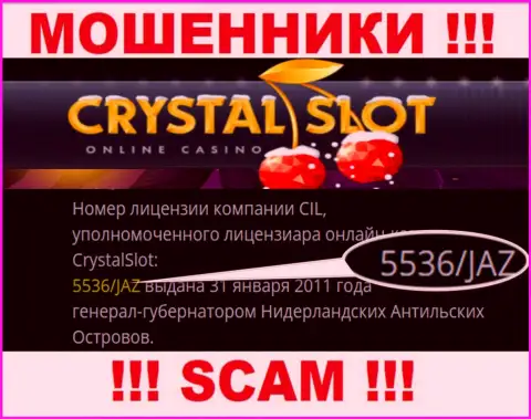 CrystalSlot Com представили на сайте лицензию конторы, но это не мешает им прикарманивать средства
