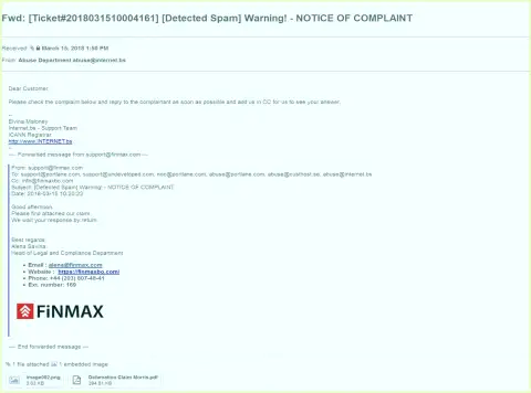 Похожая претензия на официальный веб-сайт FinMax поступила и регистратору домена