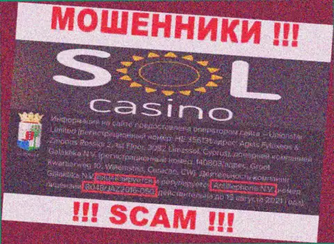 Будьте осторожны, зная лицензию SolCasino с их веб-сайта, избежать противозаконных манипуляций не получится - это МОШЕННИКИ !!!