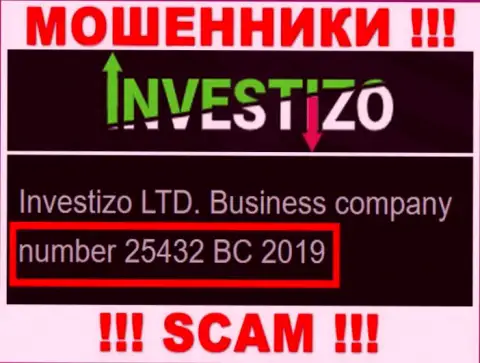 Investizo LTD internet-аферистов Investizo Com было зарегистрировано под этим номером: 25432 BC 2019