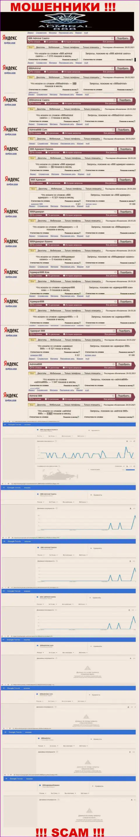 Результат online запросов инфы про жуликов Адмирал 888 в глобальной сети internet