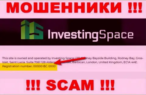 Рег. номер жульнической конторы Investing Space - 00000 BC 0000