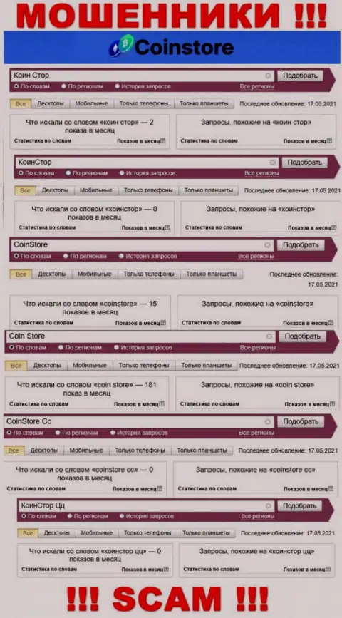 Статистические данные по запросам мошеннической компании КоинСтор в поисковиках всемирной internet сети