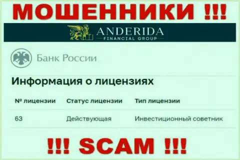 AnderidaGroup Com пишут, что имеют лицензию от ЦБ России (данные с web-ресурса мошенников)