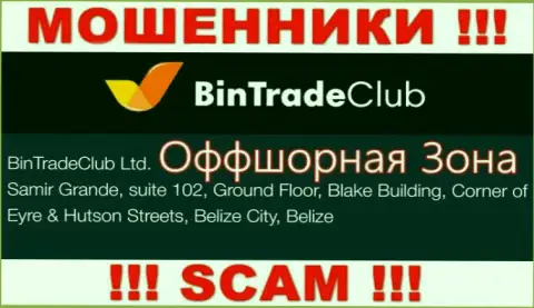 На официальном интернет-сервисе BinTradeClub Ru приведен юридический адрес этой конторе - Samir Grande, suite 102, Ground Floor, Blake Building, Corner of Eyre & Hutson Streets, Belize City, Belize (офшорная зона)