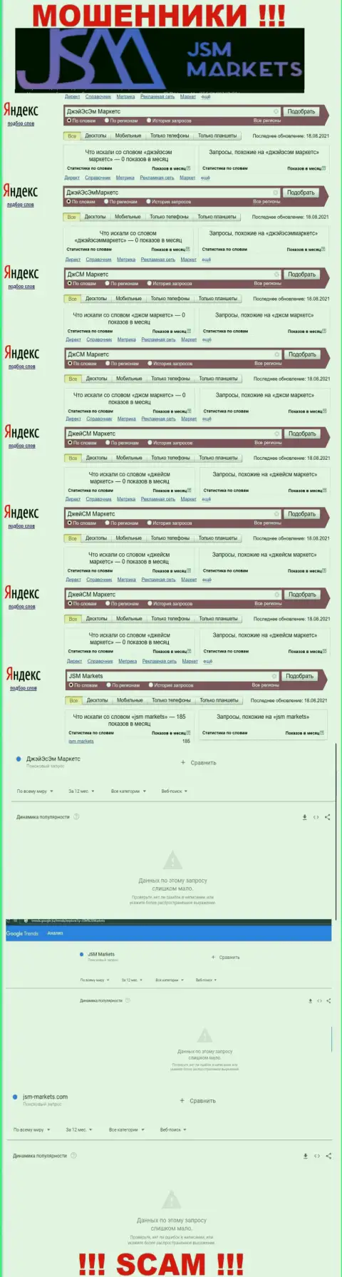 Статистические сведения online-запросов по лохотронщикам JSM-Markets Com в глобальной internet сети