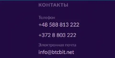 Телефон и электронный адрес онлайн-обменника BTCBit