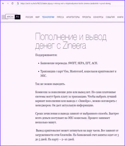 Об разнообразии вариантов вывода заработанных денег в организации Zinnera идет речь в статье на веб-портале archi ru